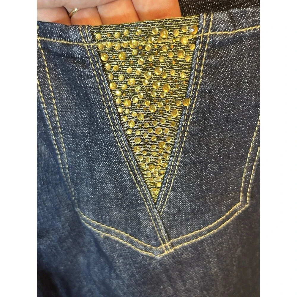 Wah Jeans Women’s 20W Dark Wash Denim Bermuda Shorts Gold Rhinestone Pockets XL